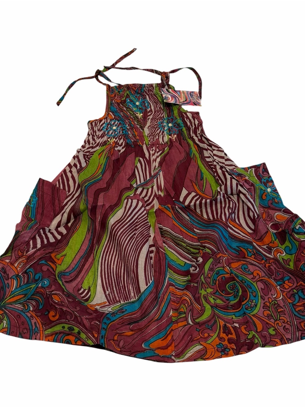 Raj Kids Boho Dress 1–2Y Multicolor Print Tie Strap Embroidered